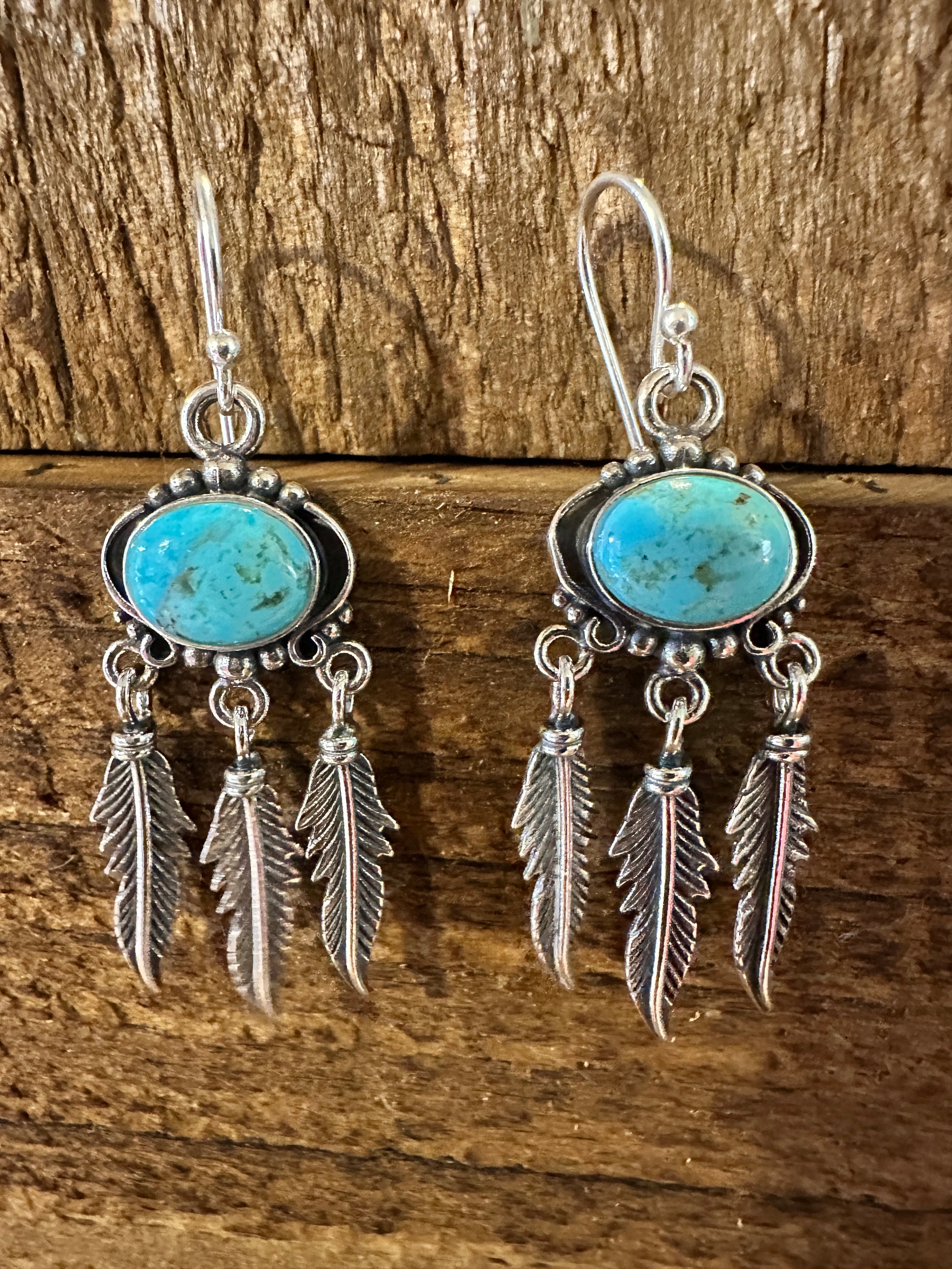 Navajo Sterling Silver & Turquoise Feather Dangle Earrings in Gift Box - Silver Elegant