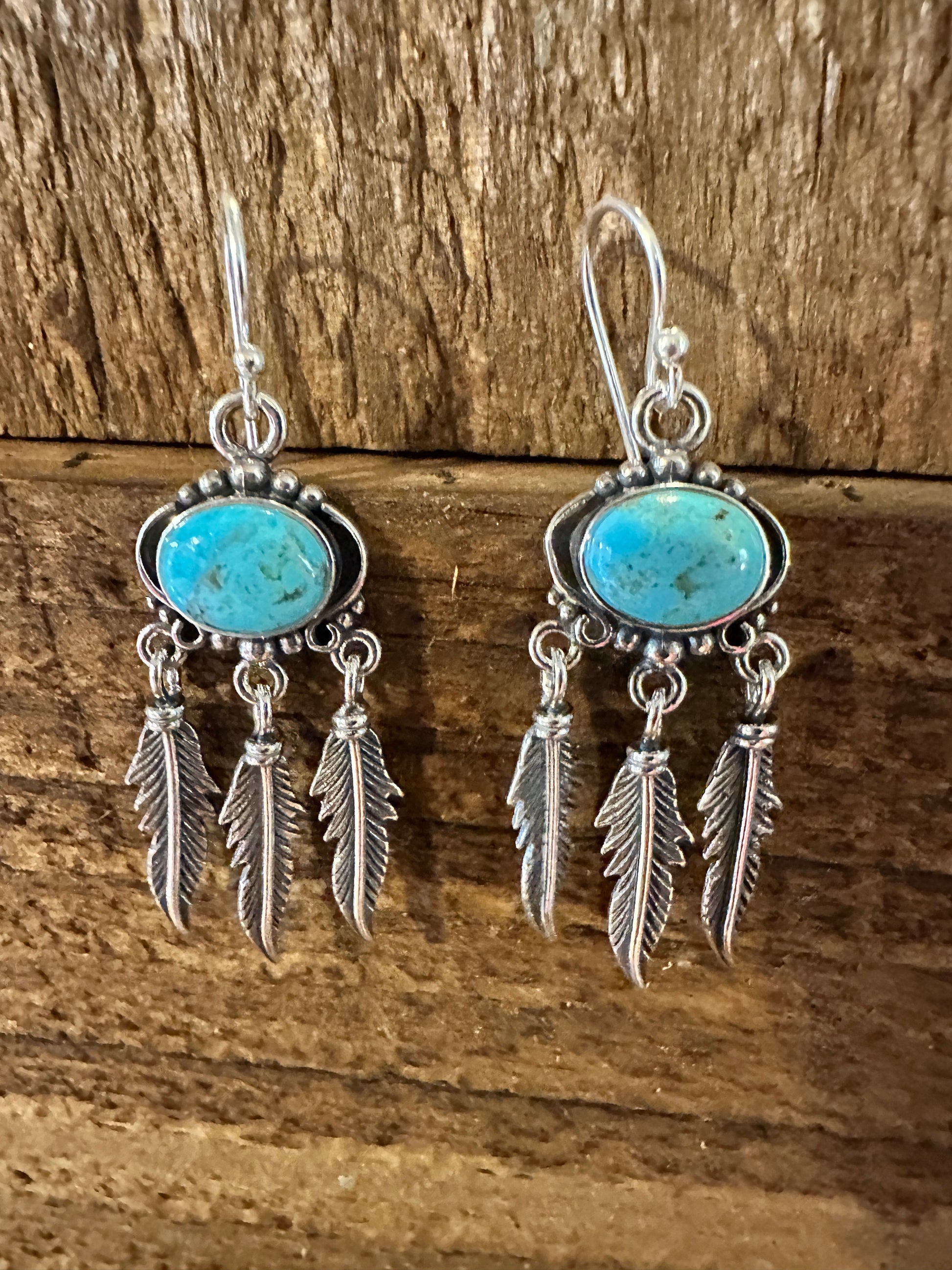 Navajo Sterling Silver & Turquoise Feather Dangle Earrings in Gift Box - Silver Elegant