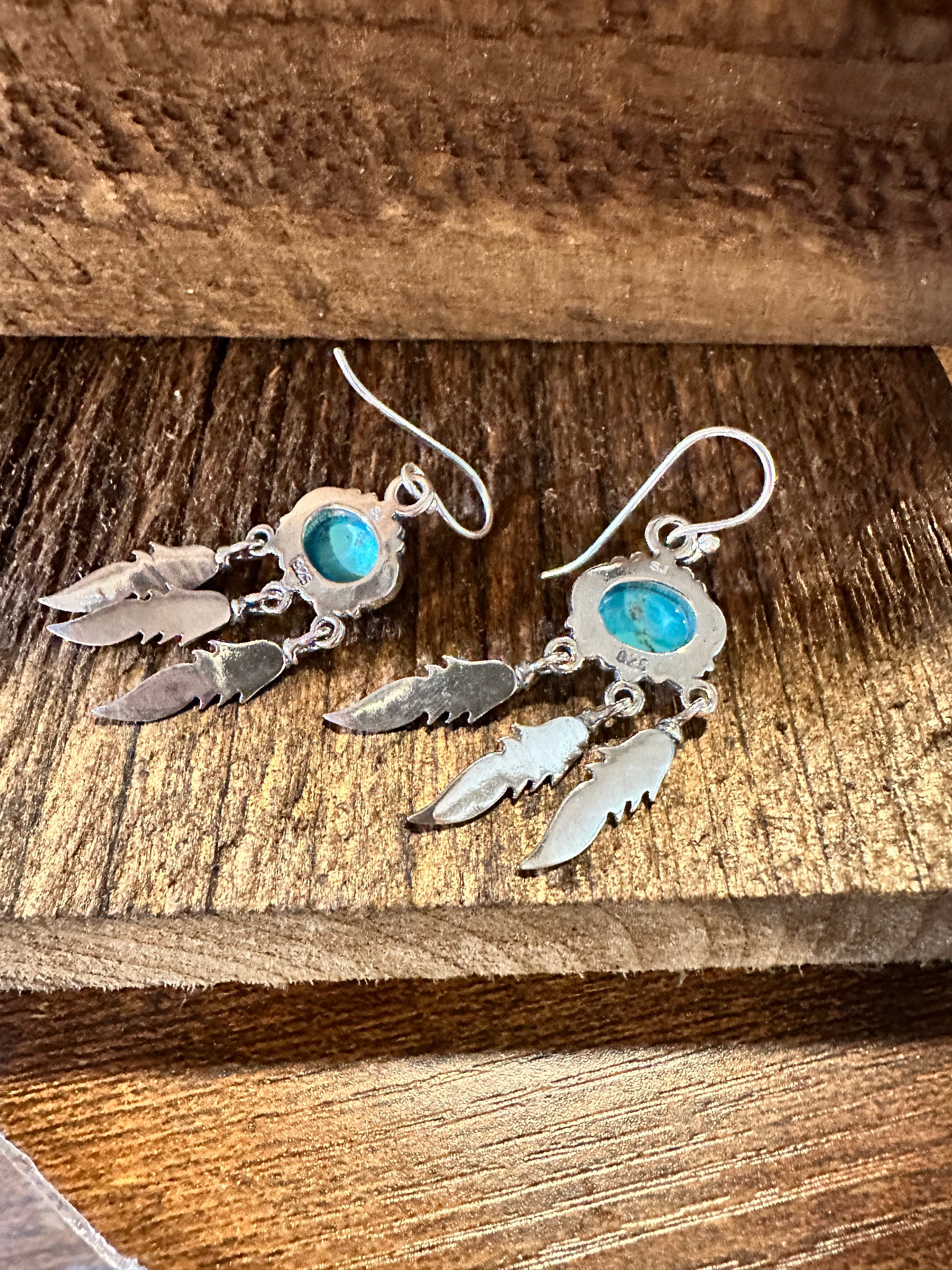 Navajo Sterling Silver & Turquoise Feather Dangle Earrings in Gift Box - Silver Elegant