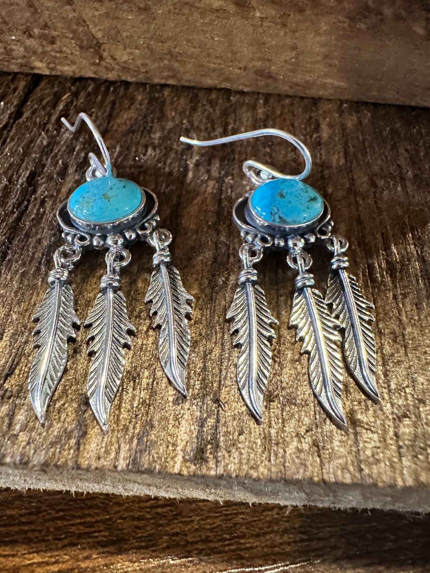 Navajo Sterling Silver & Turquoise Feather Dangle Earrings in Gift Box - Silver Elegant