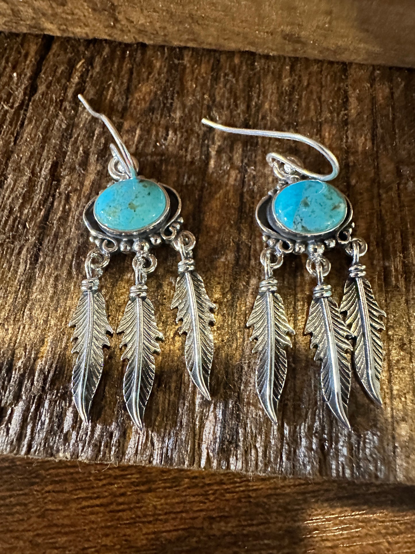 Navajo Sterling Silver & Turquoise Feather Dangle Earrings in Gift Box - Silver Elegant