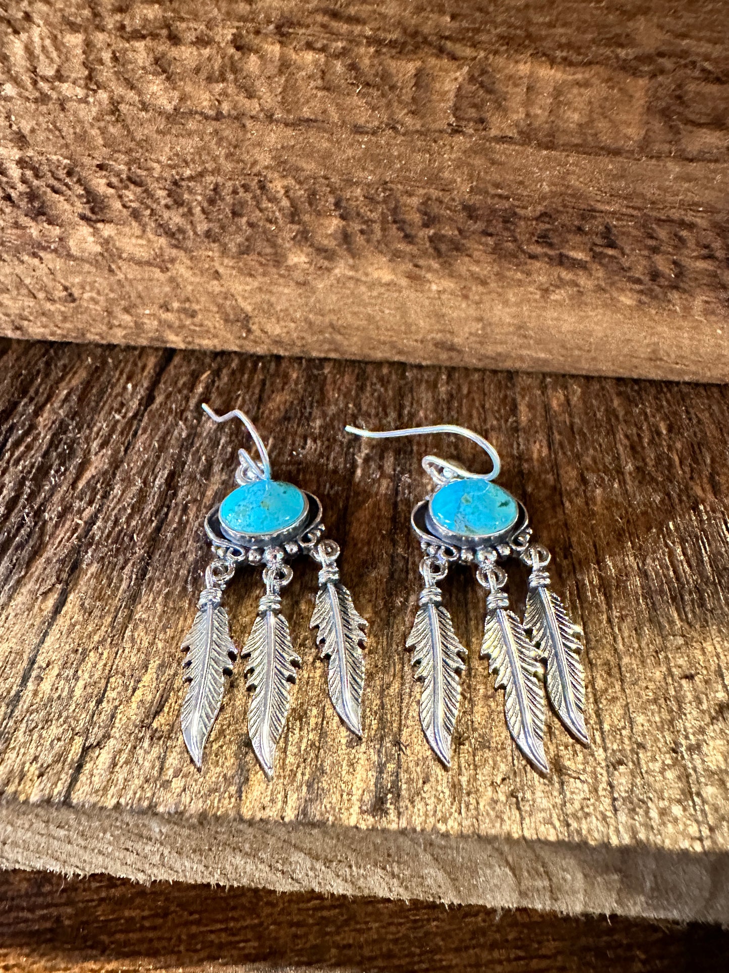 Navajo Sterling Silver & Turquoise Feather Dangle Earrings in Gift Box - Silver Elegant