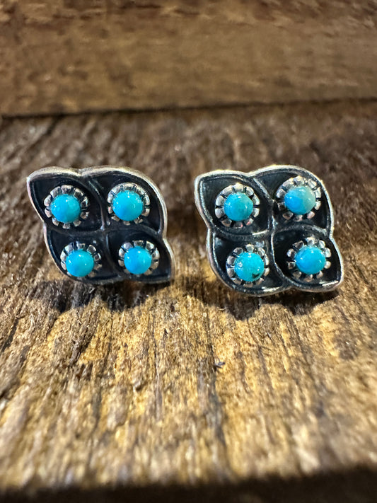 Navajo Lucia Turquoise Sterling Silver Stud Earrings - Handcrafted Authentic Native American Jewelry in Gift Box - Silver Elegant