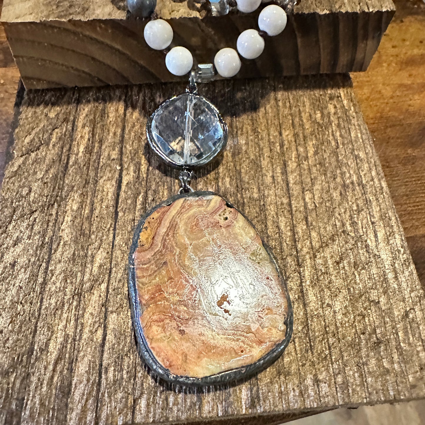 Bohemian Vintage Tribal-Inspired Beige Natural Stone Beaded Pendant Necklaces, Gift Box - Silver Elegant