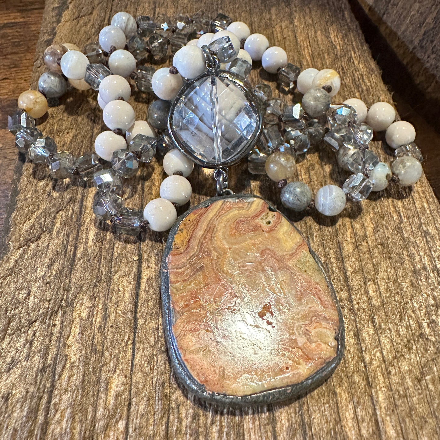 Bohemian Vintage Tribal-Inspired Beige Natural Stone Beaded Pendant Necklaces, Gift Box - Silver Elegant