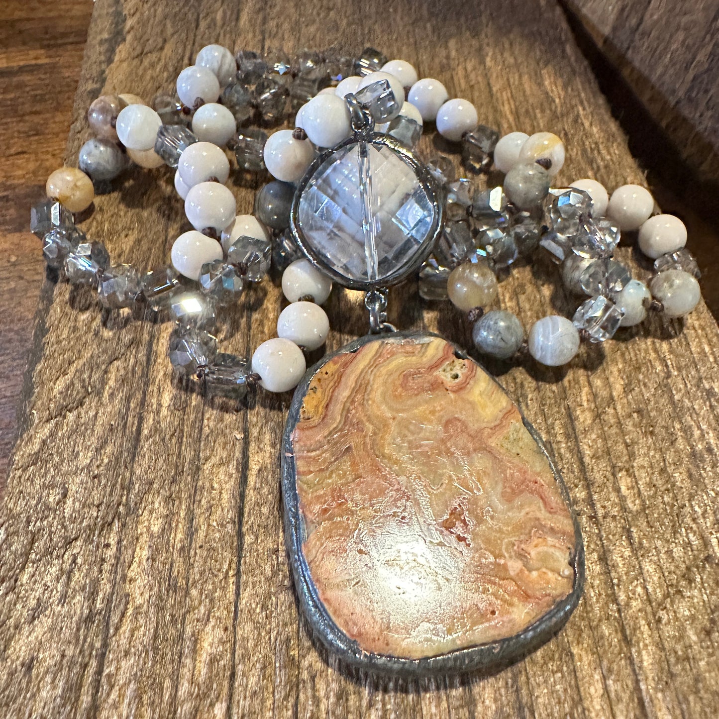 Bohemian Vintage Tribal-Inspired Beige Natural Stone Beaded Pendant Necklaces, Gift Box - Silver Elegant
