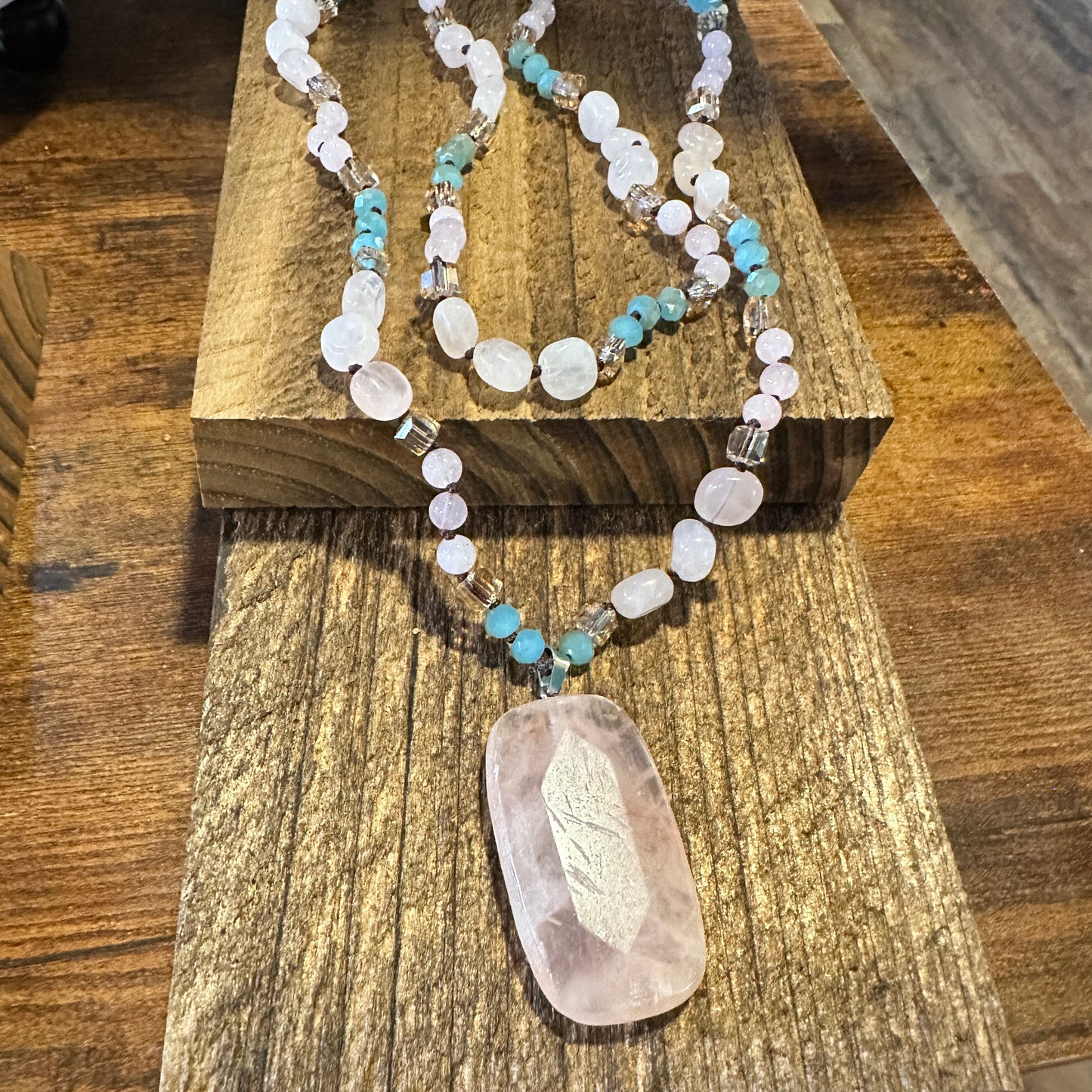Bohemian Natural Pink Quartz Pendant Necklace, Handcrafted Beaded Rock Crystal, Gift Box - Silver Elegant