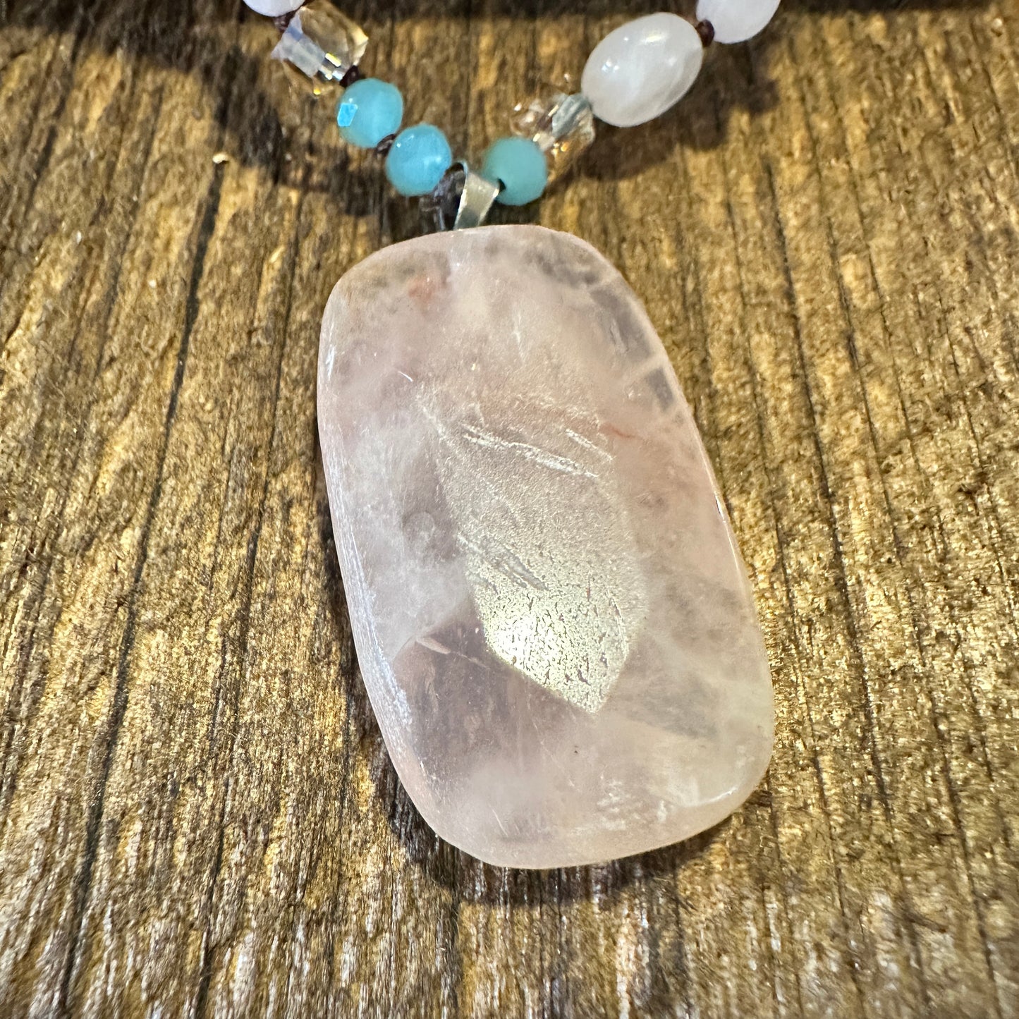 Bohemian Natural Pink Quartz Pendant Necklace, Handcrafted Beaded Rock Crystal, Gift Box - Silver Elegant