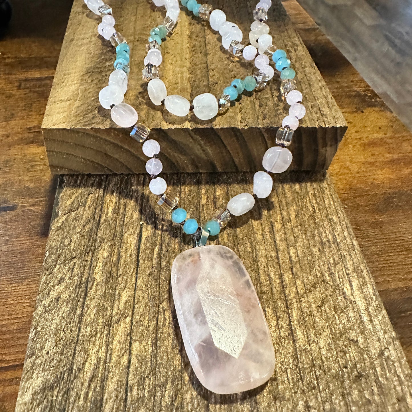 Bohemian Natural Pink Quartz Pendant Necklace, Handcrafted Beaded Rock Crystal, Gift Box - Silver Elegant