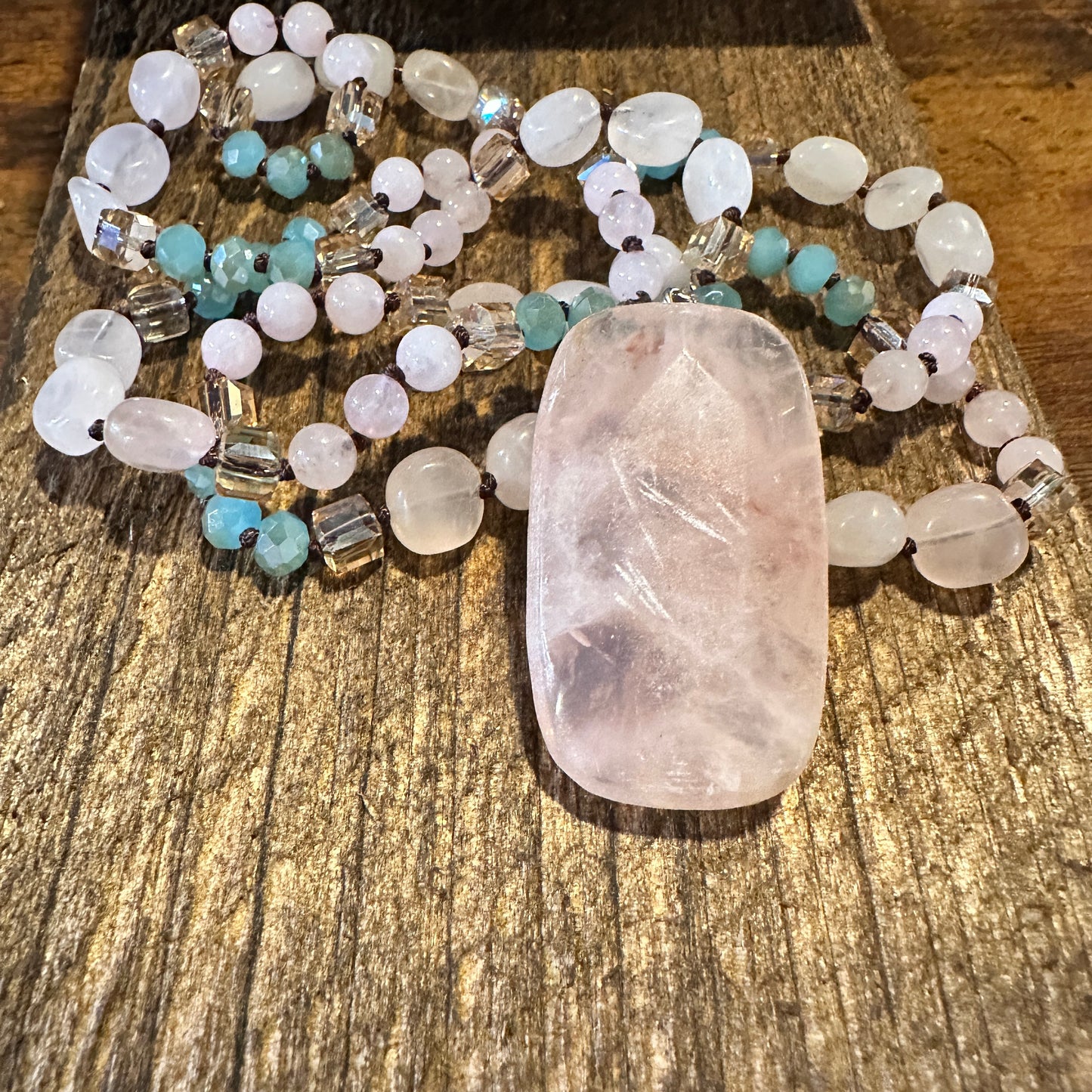 Bohemian Natural Pink Quartz Pendant Necklace, Handcrafted Beaded Rock Crystal, Gift Box - Silver Elegant