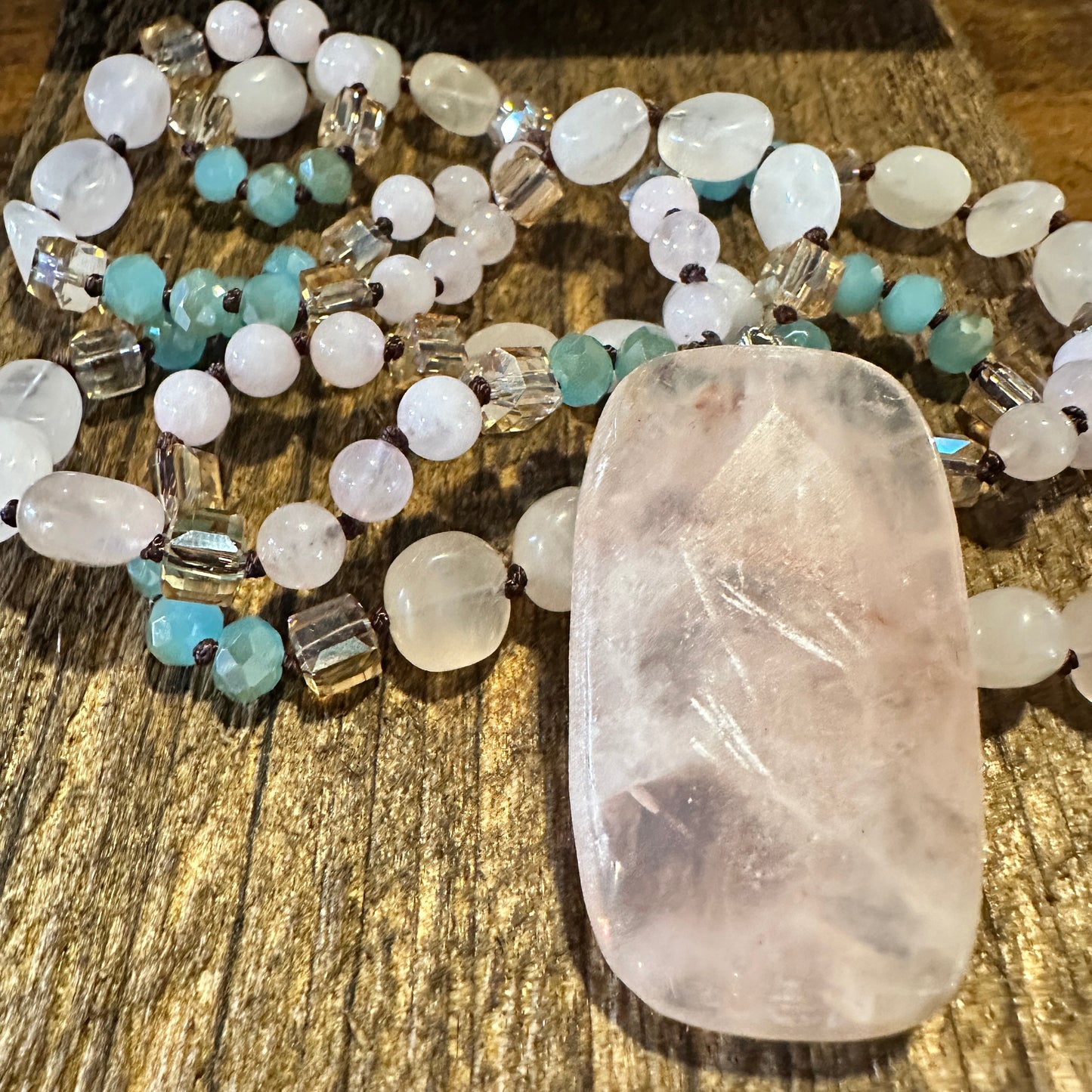 Bohemian Natural Pink Quartz Pendant Necklace, Handcrafted Beaded Rock Crystal, Gift Box - Silver Elegant