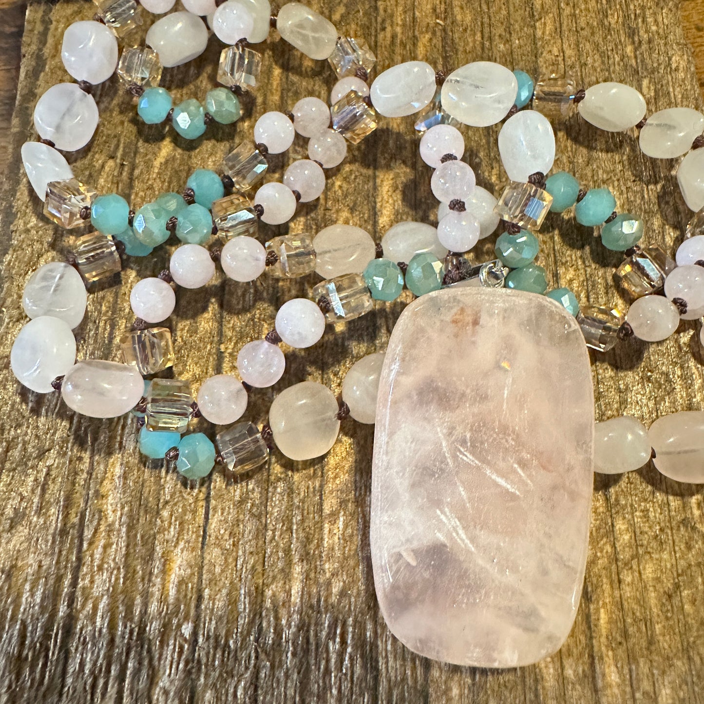 Bohemian Natural Pink Quartz Pendant Necklace, Handcrafted Beaded Rock Crystal, Gift Box - Silver Elegant