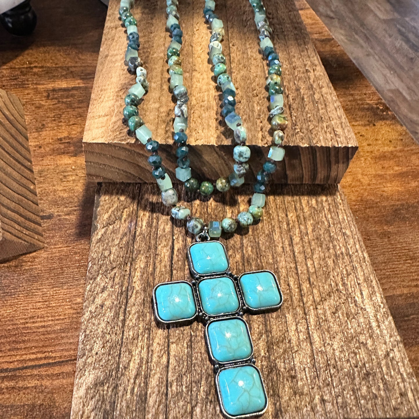Bohemian Turquoise Stone Glass Necklace with Square Cross Pendant in Gift Box - Silver Elegant