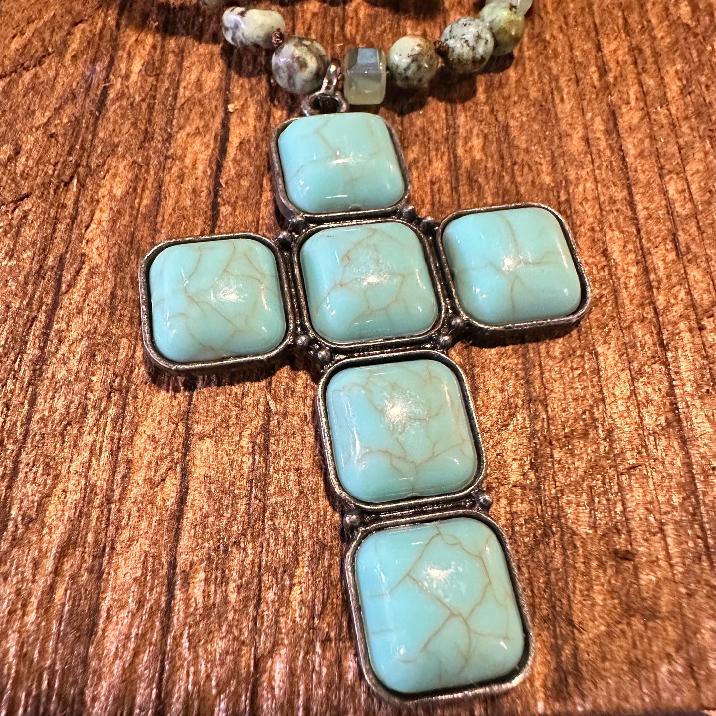 Bohemian Turquoise Stone Glass Necklace with Square Cross Pendant in Gift Box - Silver Elegant