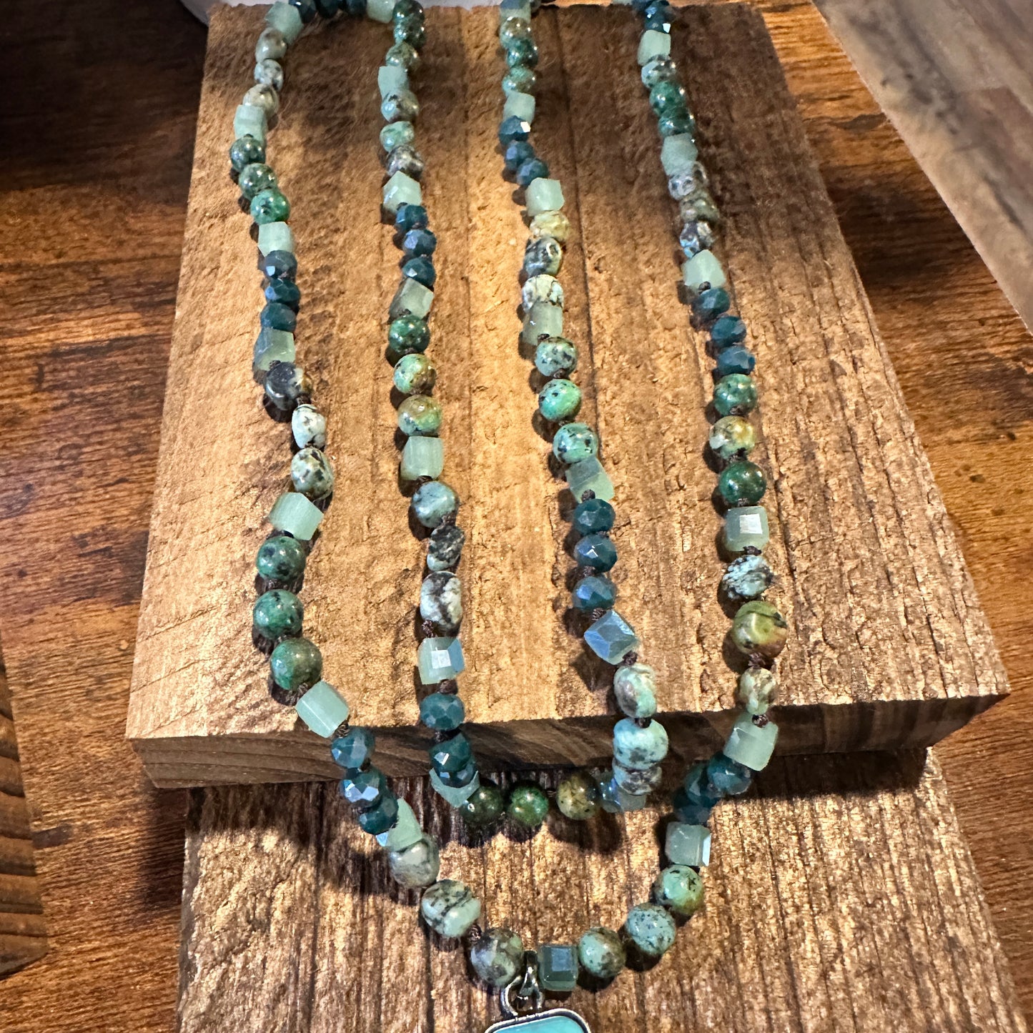 Bohemian Turquoise Stone Glass Necklace with Square Cross Pendant in Gift Box - Silver Elegant