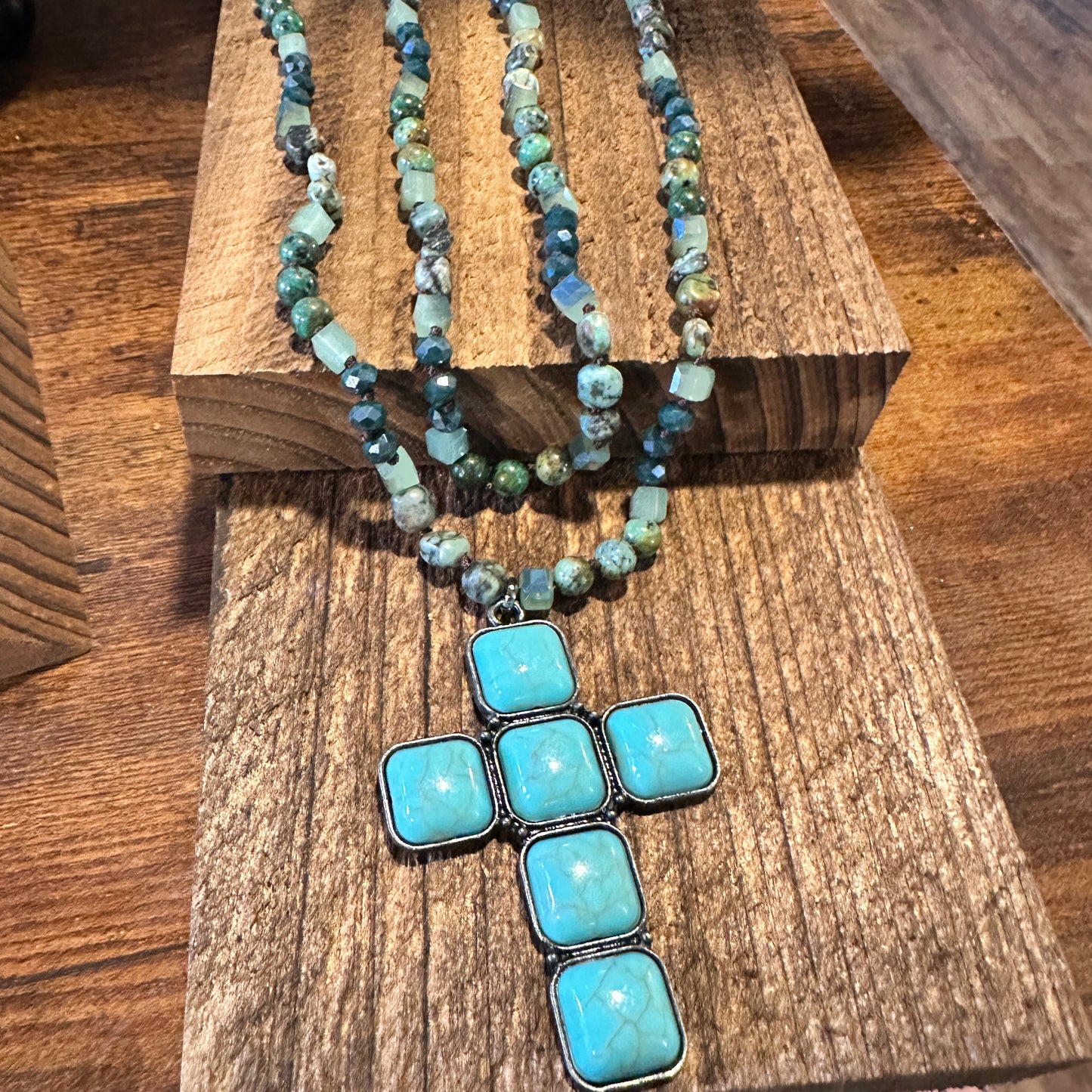 Bohemian Turquoise Stone Glass Necklace with Square Cross Pendant in Gift Box - Silver Elegant