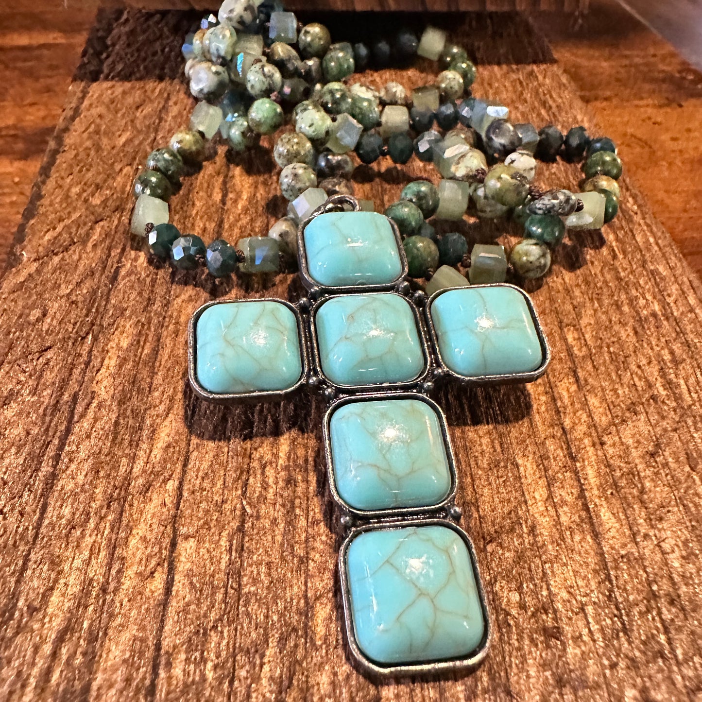Bohemian Turquoise Stone Glass Necklace with Square Cross Pendant in Gift Box - Silver Elegant