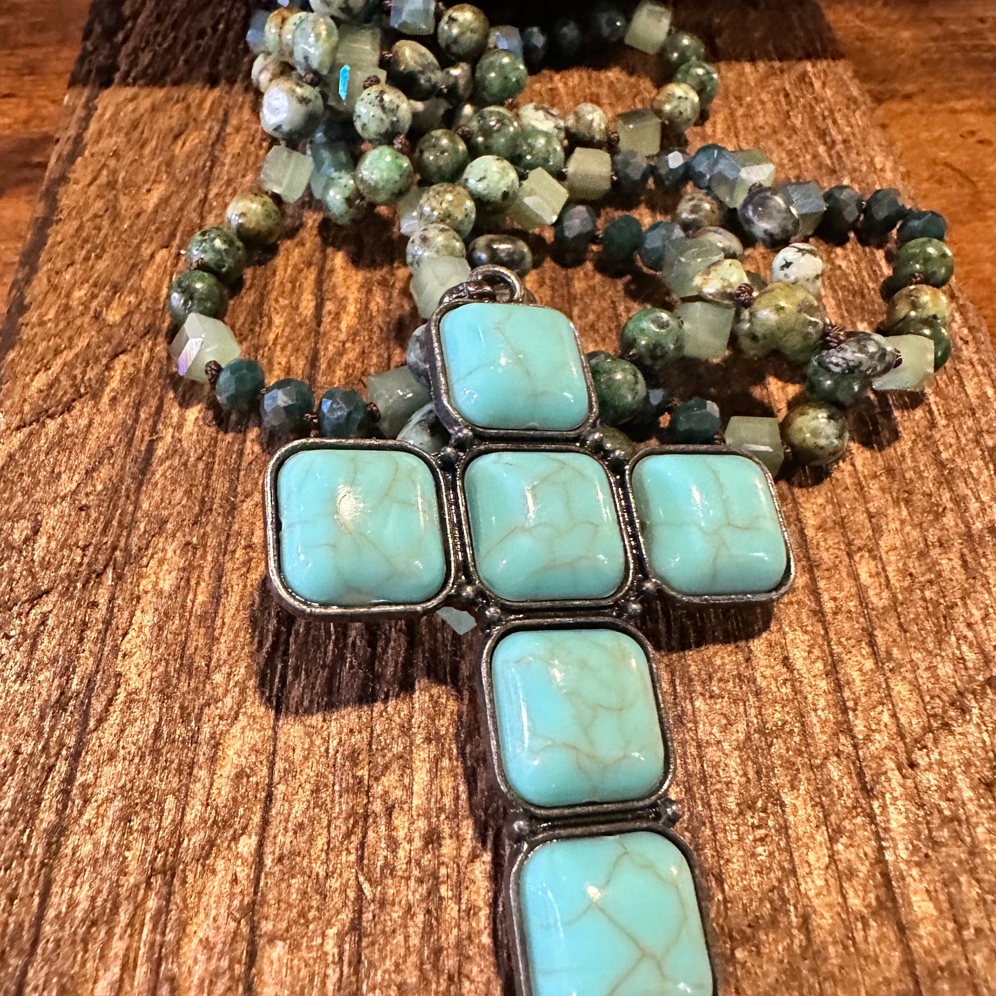 Bohemian Turquoise Stone Glass Necklace with Square Cross Pendant in Gift Box - Silver Elegant