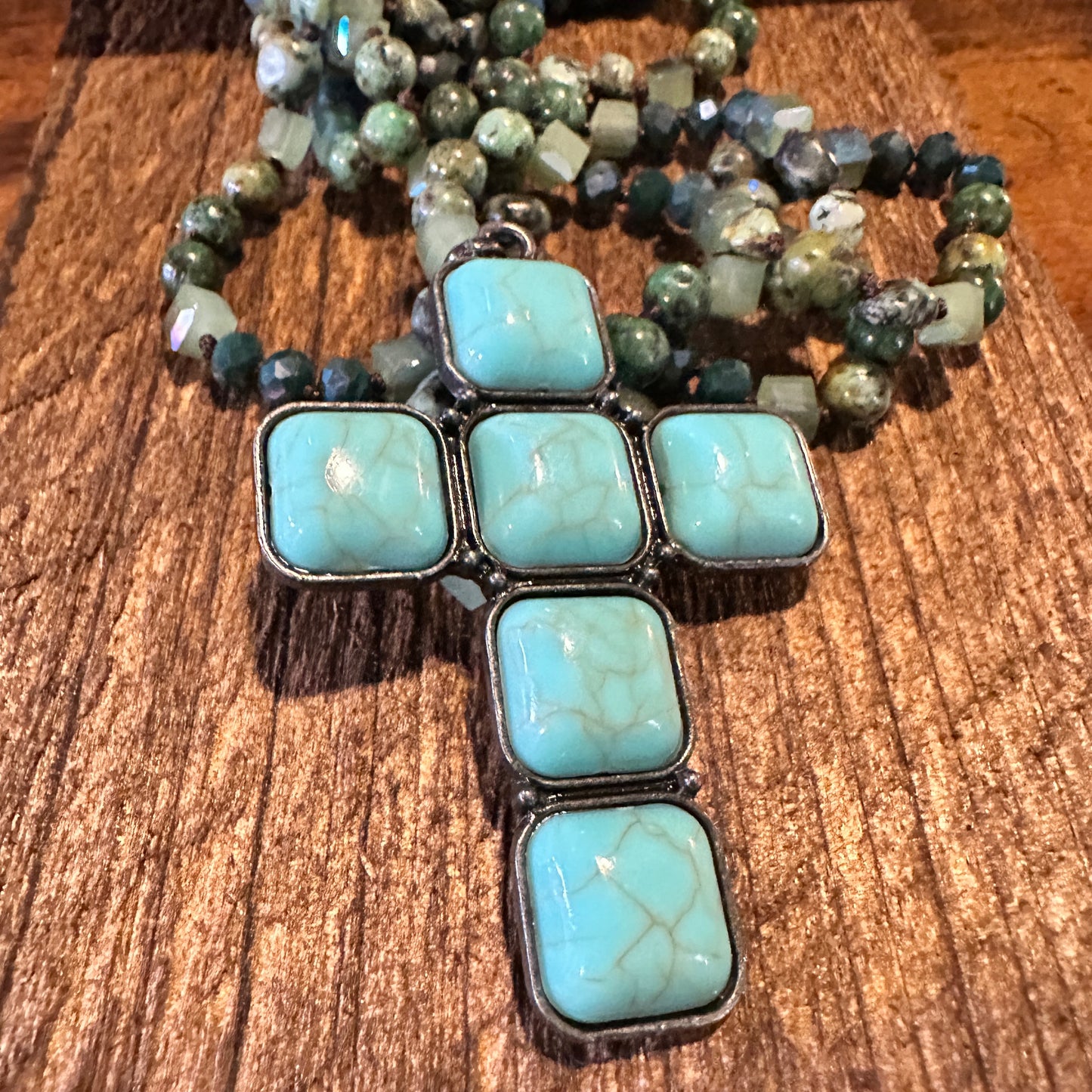 Bohemian Turquoise Stone Glass Necklace with Square Cross Pendant in Gift Box - Silver Elegant