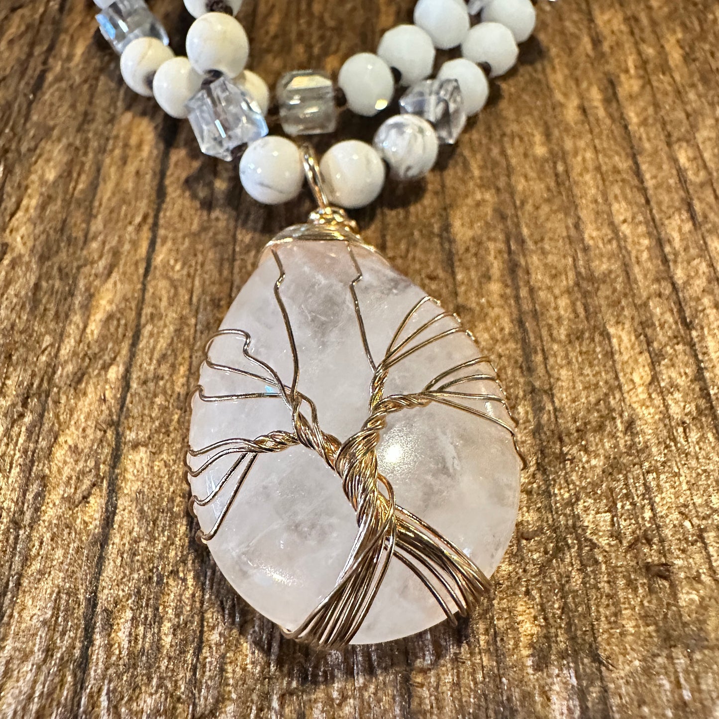 Bohemian Natural Stone Beads Pendant Necklace , Family Tree Pendant, Gift Box - Silver Elegant