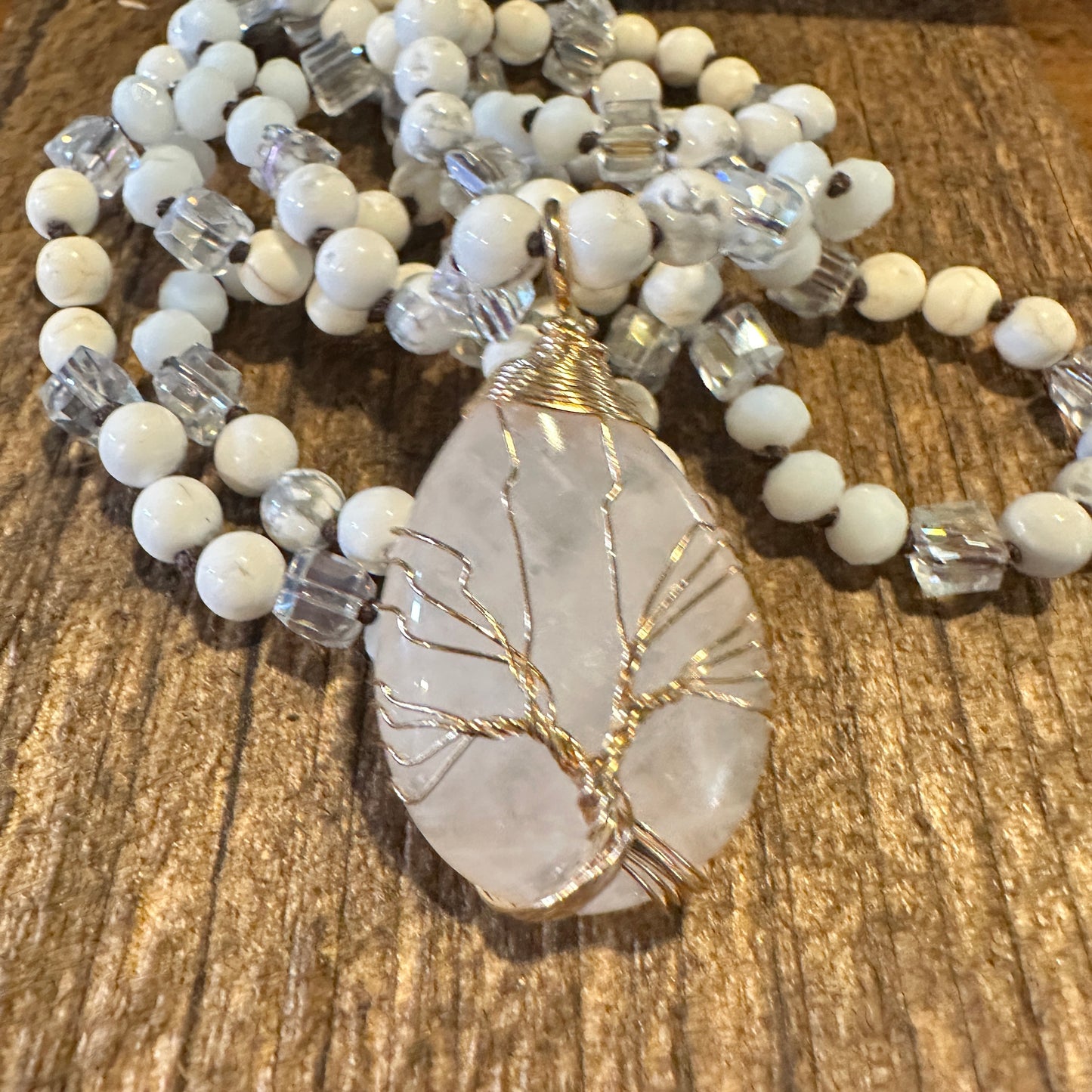 Bohemian Natural Stone Beads Pendant Necklace , Family Tree Pendant, Gift Box - Silver Elegant