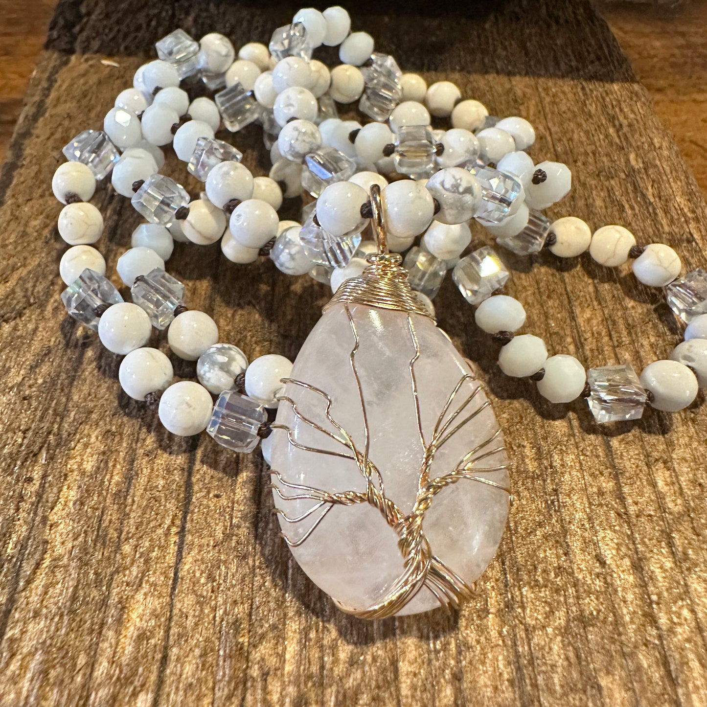 Bohemian Natural Stone Beads Pendant Necklace , Family Tree Pendant, Gift Box - Silver Elegant