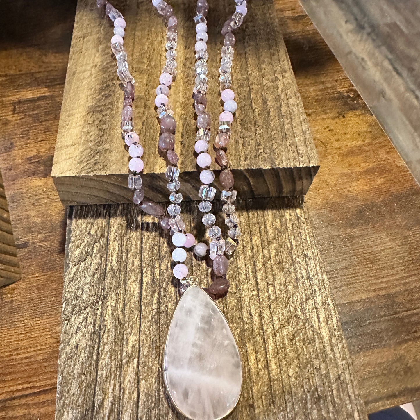 Bohemian Natural Stone Glass Knot Pendant Necklace, Pink Quartz Crystal , Gift Box - Silver Elegant
