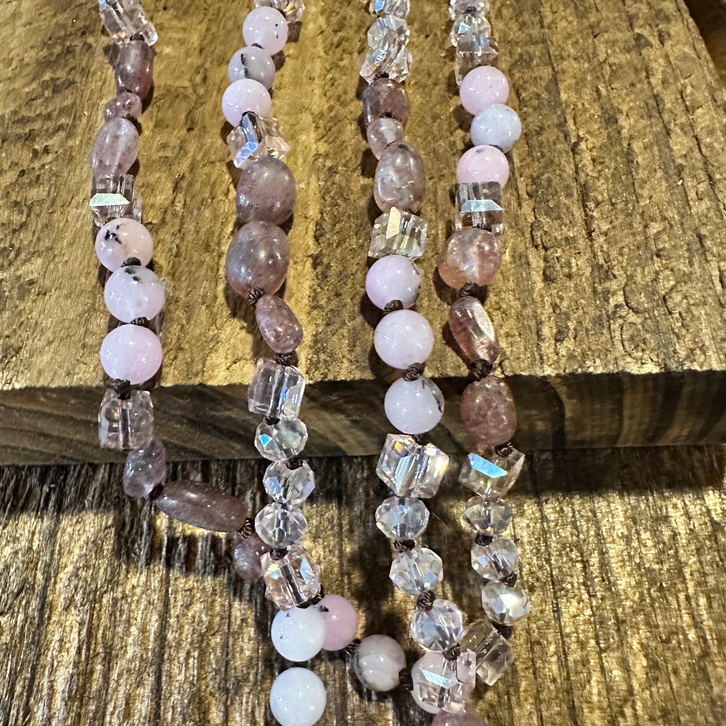 Bohemian Natural Stone Glass Knot Pendant Necklace, Pink Quartz Crystal , Gift Box - Silver Elegant
