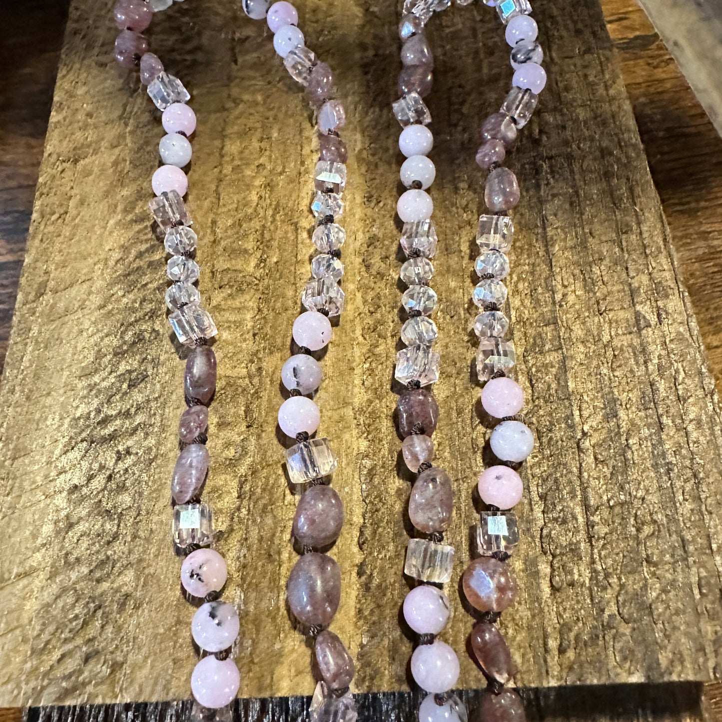 Bohemian Natural Stone Glass Knot Pendant Necklace, Pink Quartz Crystal , Gift Box - Silver Elegant