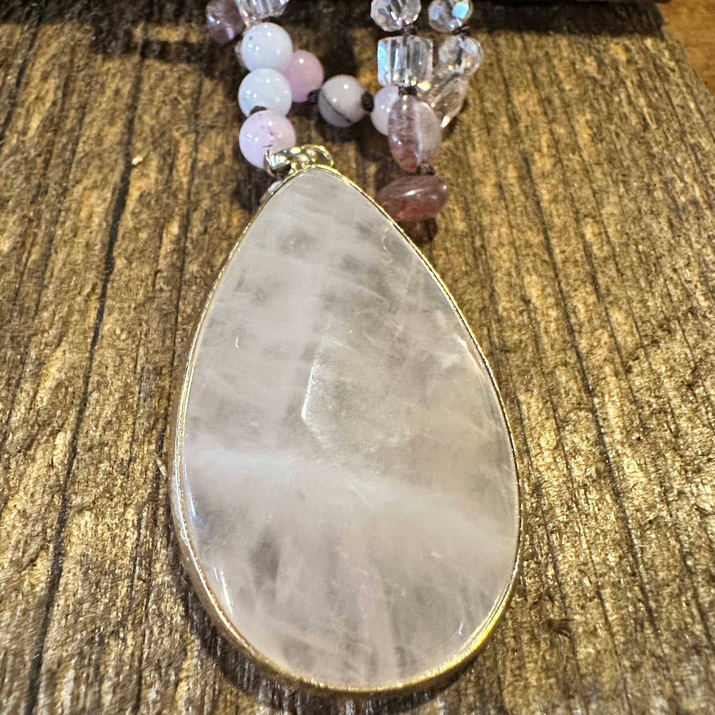 Bohemian Natural Stone Glass Knot Pendant Necklace, Pink Quartz Crystal , Gift Box - Silver Elegant