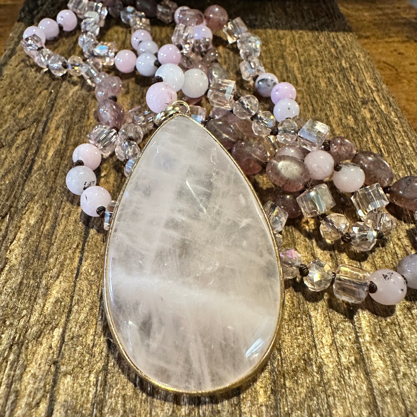 Bohemian Natural Stone Glass Knot Pendant Necklace, Pink Quartz Crystal , Gift Box - Silver Elegant