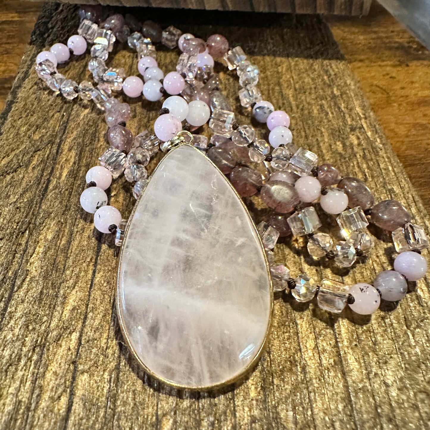Bohemian Natural Stone Glass Knot Pendant Necklace, Pink Quartz Crystal , Gift Box - Silver Elegant