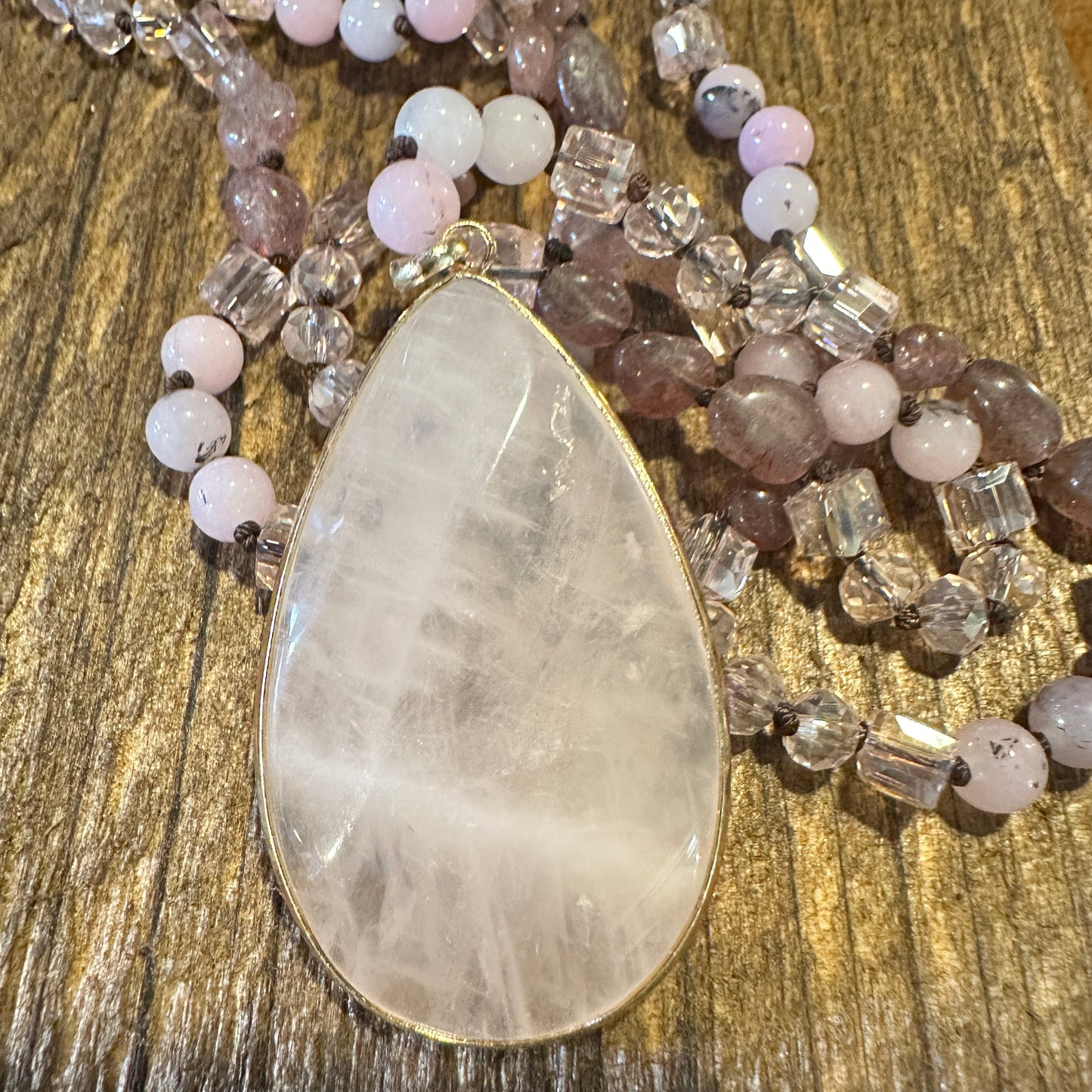 Bohemian Natural Stone Glass Knot Pendant Necklace, Pink Quartz Crystal , Gift Box - Silver Elegant