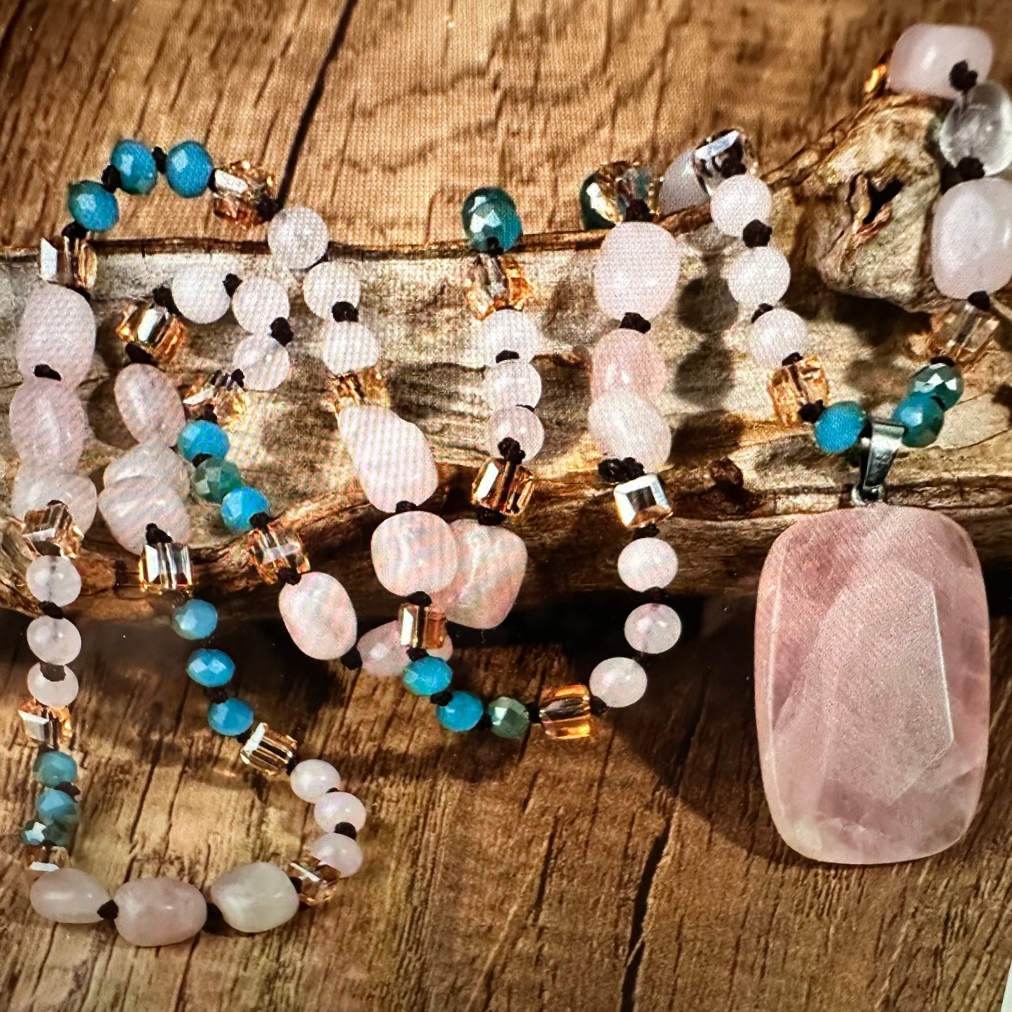 Bohemian Natural Pink Quartz Pendant Necklace, Handcrafted Beaded Rock Crystal, Gift Box - Silver Elegant