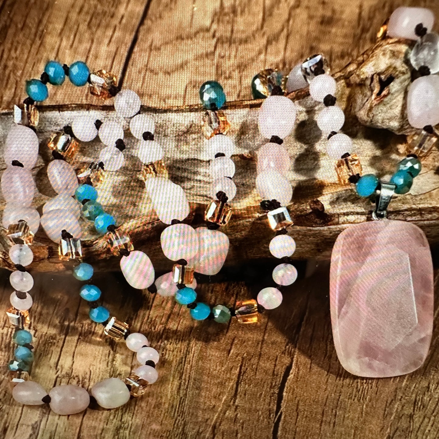 Bohemian Natural Pink Quartz Pendant Necklace, Handcrafted Beaded Rock Crystal, Gift Box - Silver Elegant