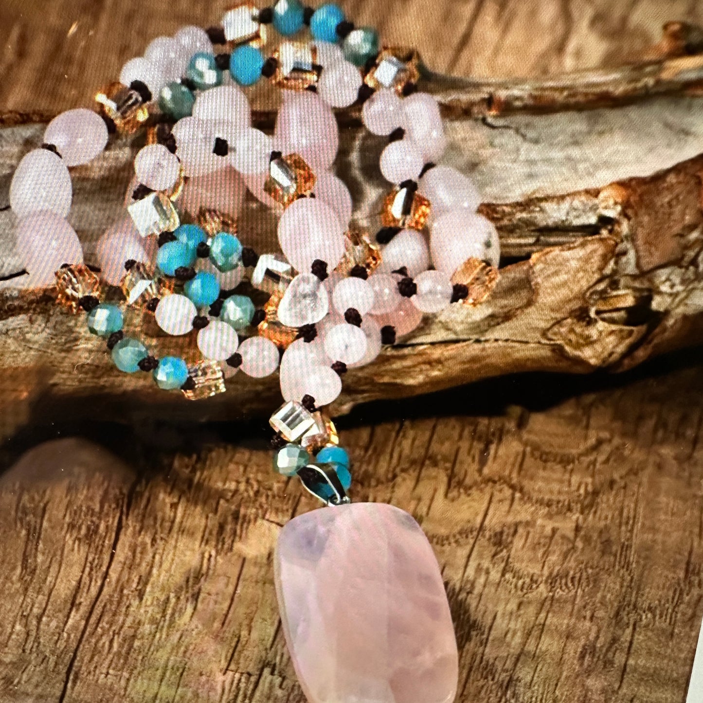 Bohemian Natural Pink Quartz Pendant Necklace, Handcrafted Beaded Rock Crystal, Gift Box - Silver Elegant