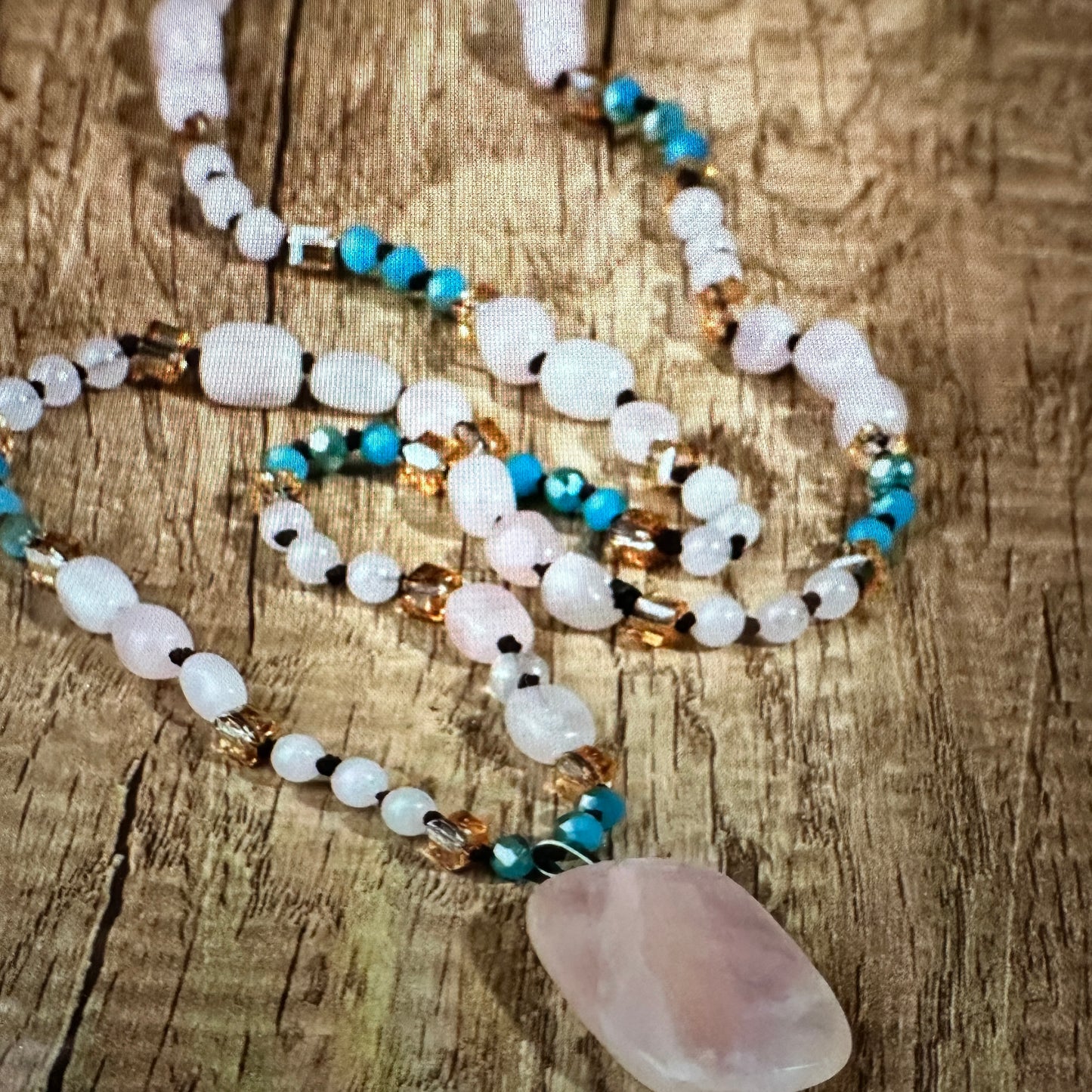 Bohemian Natural Pink Quartz Pendant Necklace, Handcrafted Beaded Rock Crystal, Gift Box - Silver Elegant