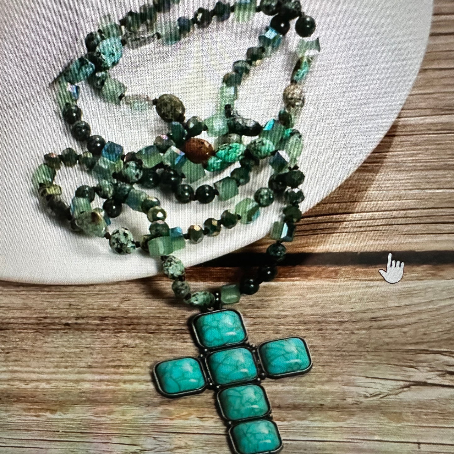 Bohemian Turquoise Stone Glass Necklace with Square Cross Pendant in Gift Box - Silver Elegant