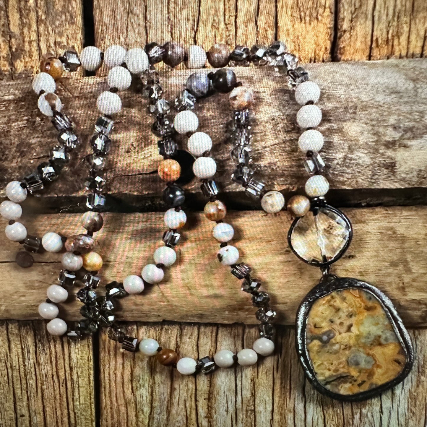 Bohemian Vintage Tribal-Inspired Beige Natural Stone Beaded Pendant Necklaces, Gift Box - Silver Elegant