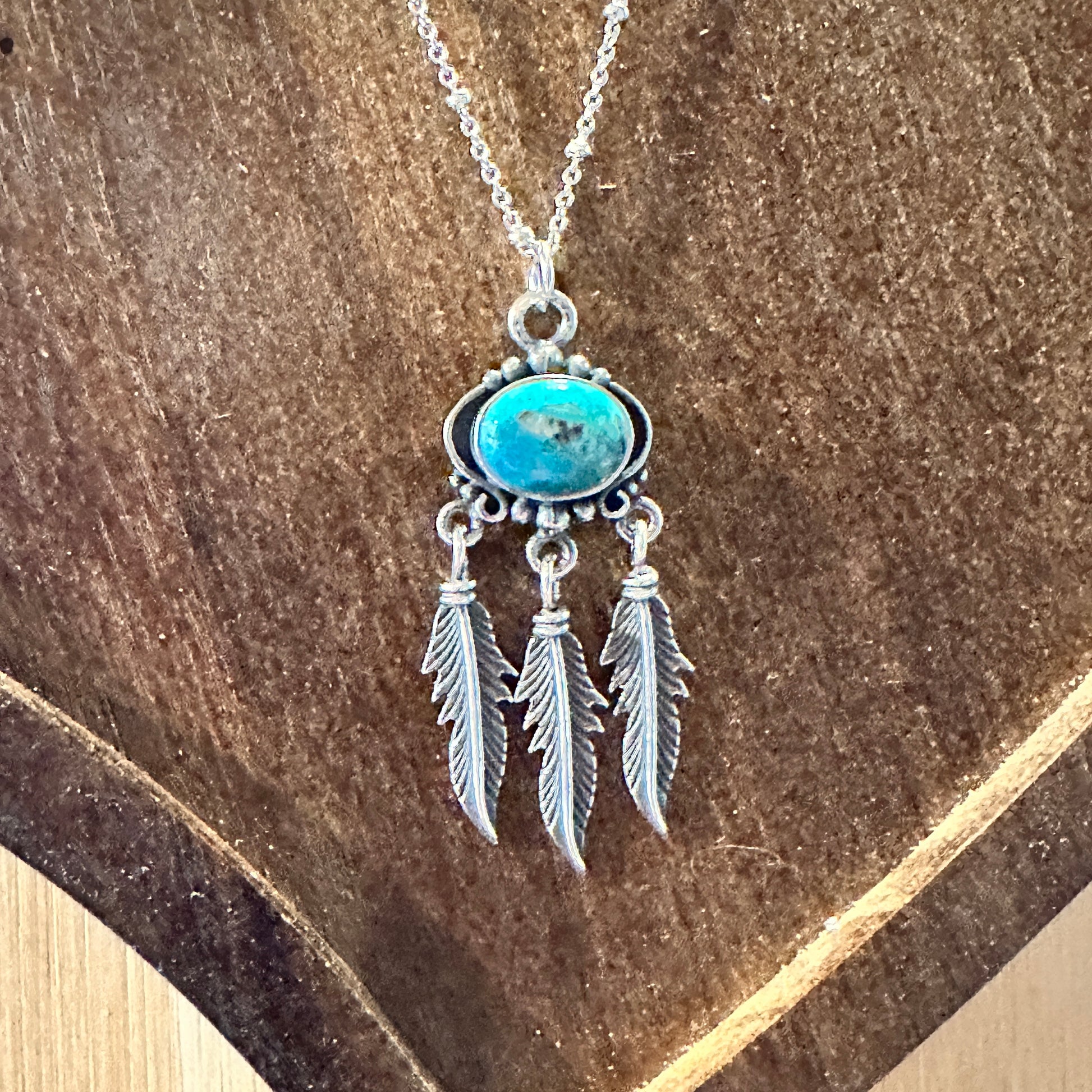Navajo Turquoise Feather Pendant Necklace in Sterling Silver - Handmade Gift Box Included - Silver Elegant