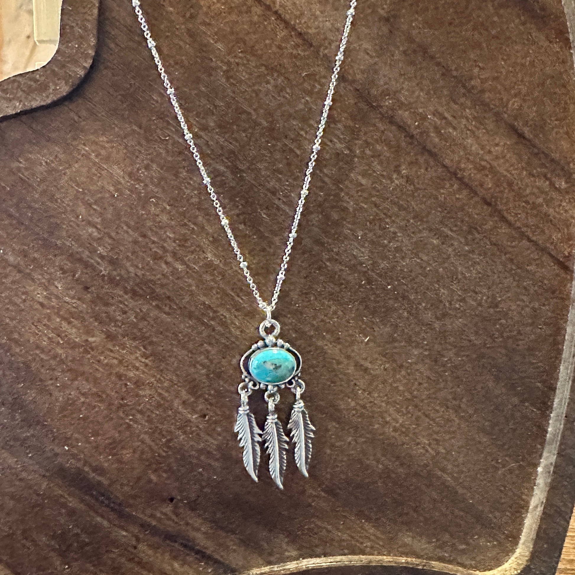 Navajo Turquoise Feather Pendant Necklace in Sterling Silver - Handmade Gift Box Included - Silver Elegant