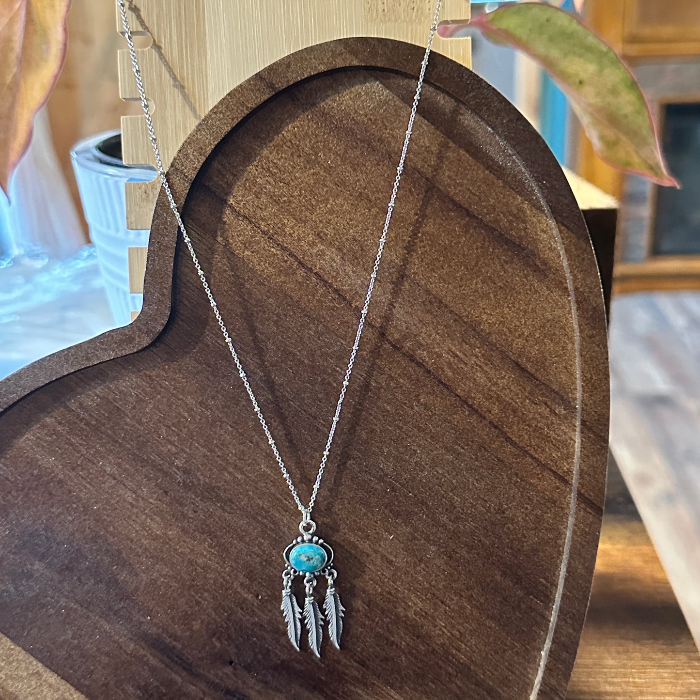 Navajo Turquoise Feather Pendant Necklace in Sterling Silver - Handmade Gift Box Included - Silver Elegant
