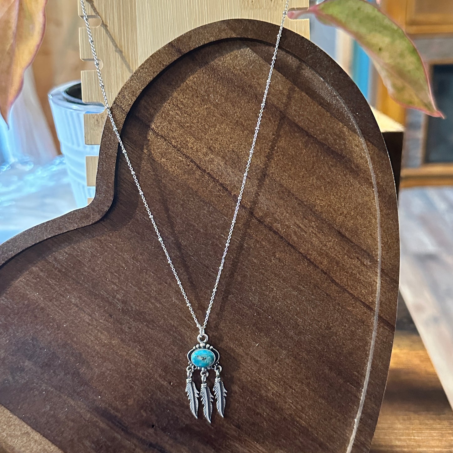 Navajo Turquoise Feather Pendant Necklace in Sterling Silver - Handmade Gift Box Included - Silver Elegant
