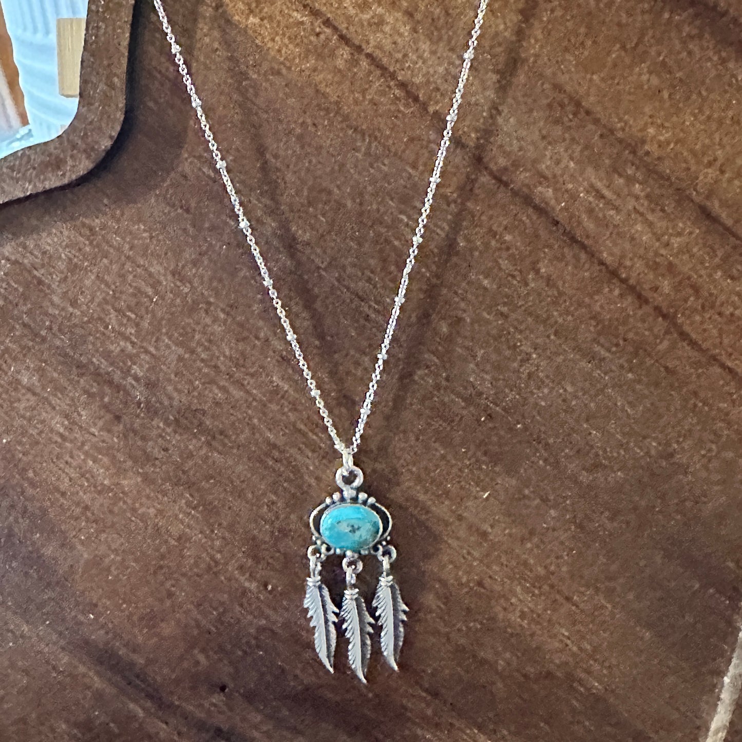 Navajo Turquoise Feather Pendant Necklace in Sterling Silver - Handmade Gift Box Included - Silver Elegant