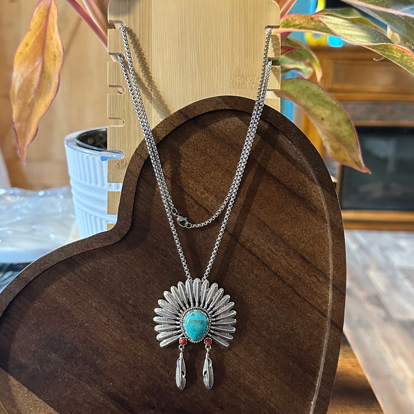 Navajo Headdress Turquoise Necklace in Sterling Silver – Authentic Native American Jewelry Gift Set - Silver Elegant