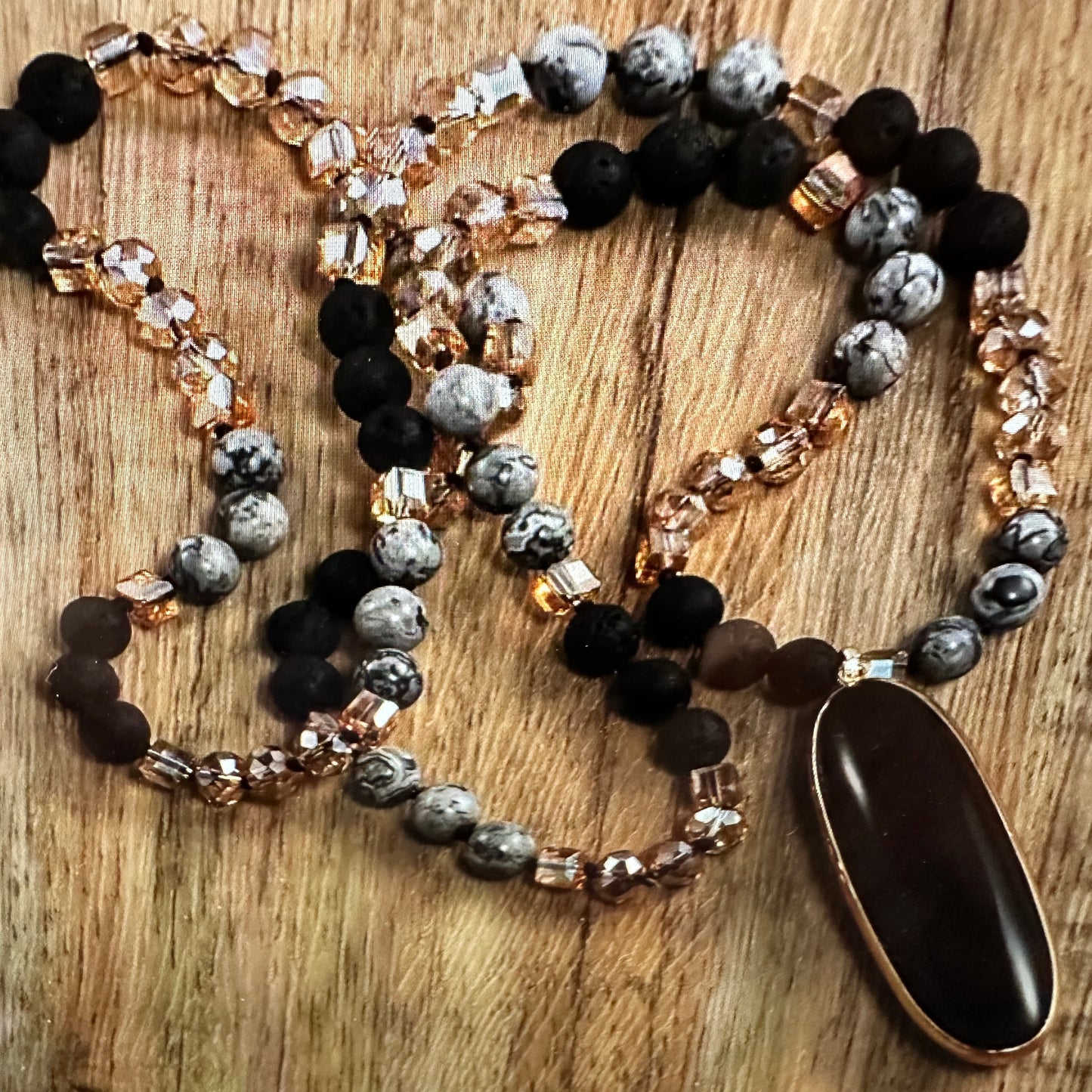 Bohemian Vintage Natural Stone and Glass Beaded Knot Necklace, Black Elongated Agate Pendant, Gift Box - Silver Elegant