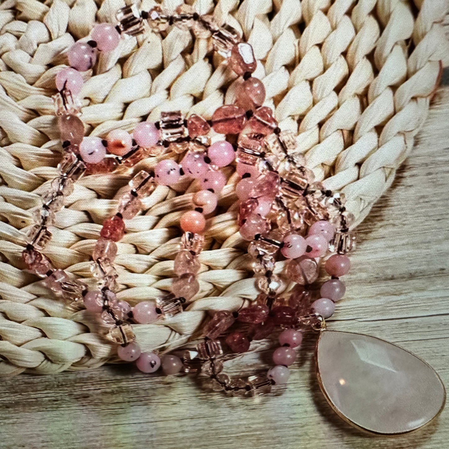 Bohemian Natural Stone Glass Knot Pendant Necklace, Pink Quartz Crystal , Gift Box - Silver Elegant