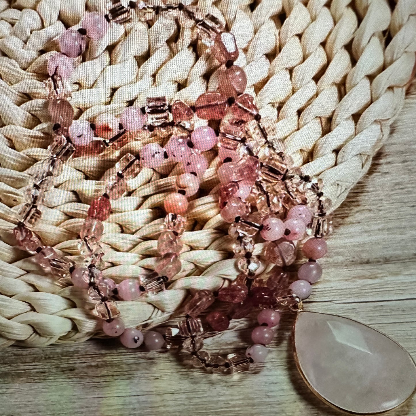 Bohemian Natural Stone Glass Knot Pendant Necklace, Pink Quartz Crystal , Gift Box - Silver Elegant