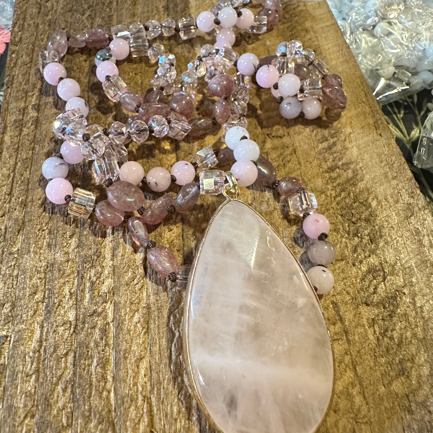 Bohemian Natural Stone Glass Knot Pendant Necklace, Pink Quartz Crystal , Gift Box - Silver Elegant