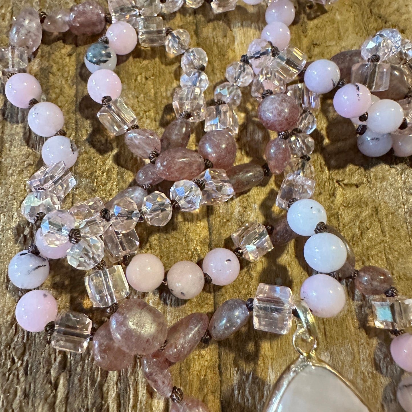 Bohemian Natural Stone Glass Knot Pendant Necklace, Pink Quartz Crystal , Gift Box - Silver Elegant